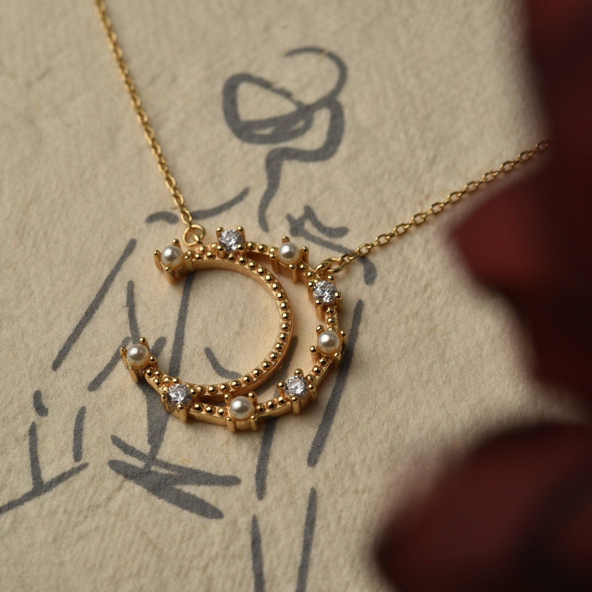 Pearl Crescent Moon Necklace  Diamond Moon Phase Necklace  Celestial Jewelry  Perfect Gift for Her  Minimalist Jewelry  SN-1331G