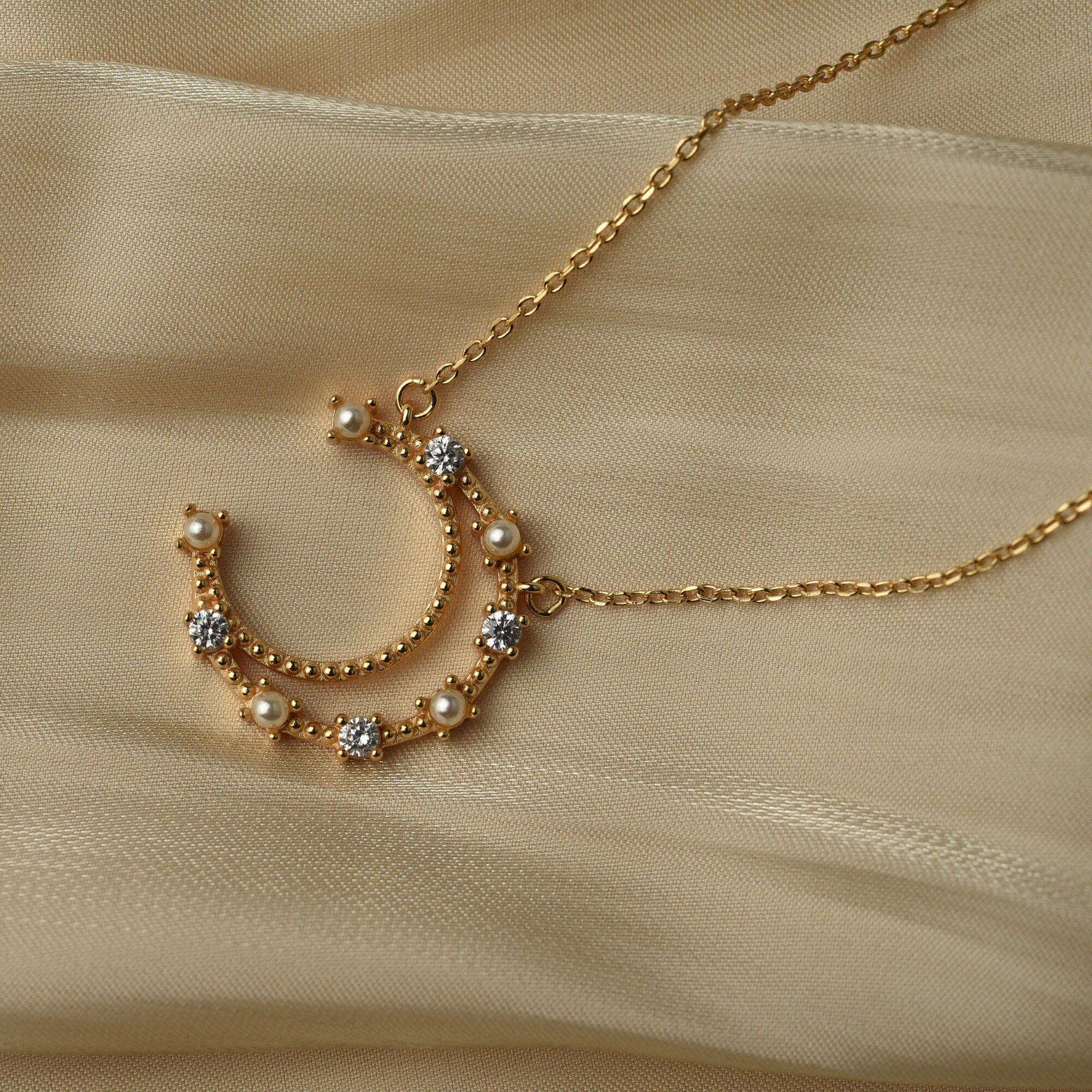 Pearl Crescent Moon Necklace  Diamond Moon Phase Necklace  Celestial Jewelry  Perfect Gift for Her  Minimalist Jewelry  SN-1331G