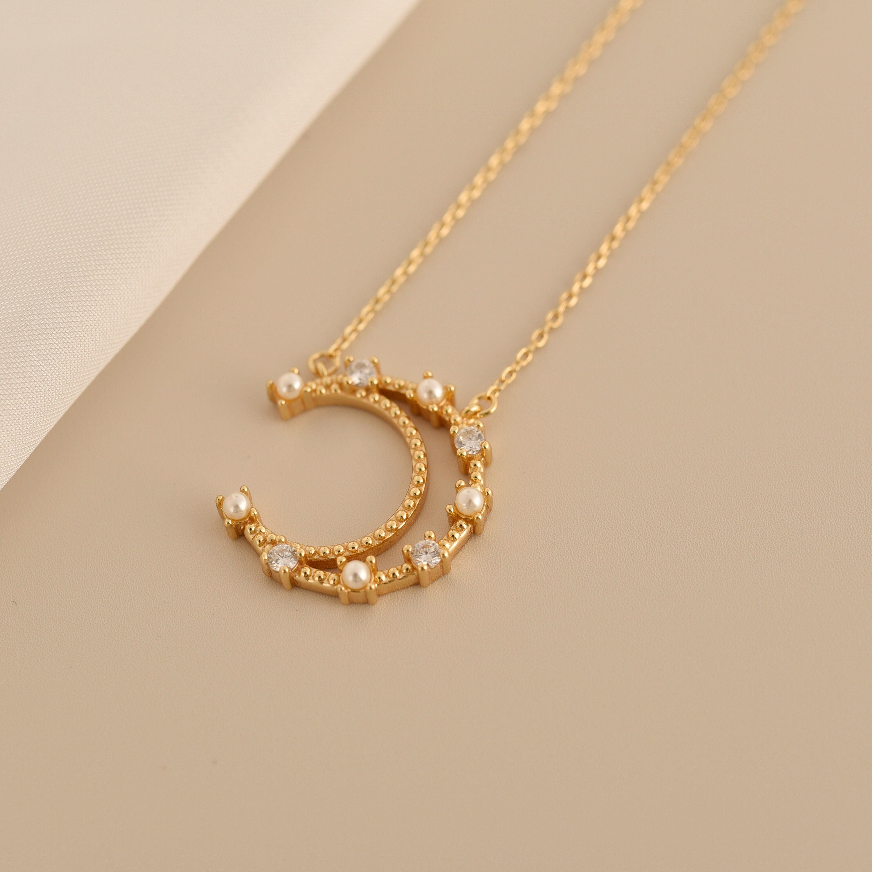Pearl Crescent Moon Necklace  Diamond Moon Phase Necklace  Celestial Jewelry  Perfect Gift for Her  Minimalist Jewelry  SN-1331G
