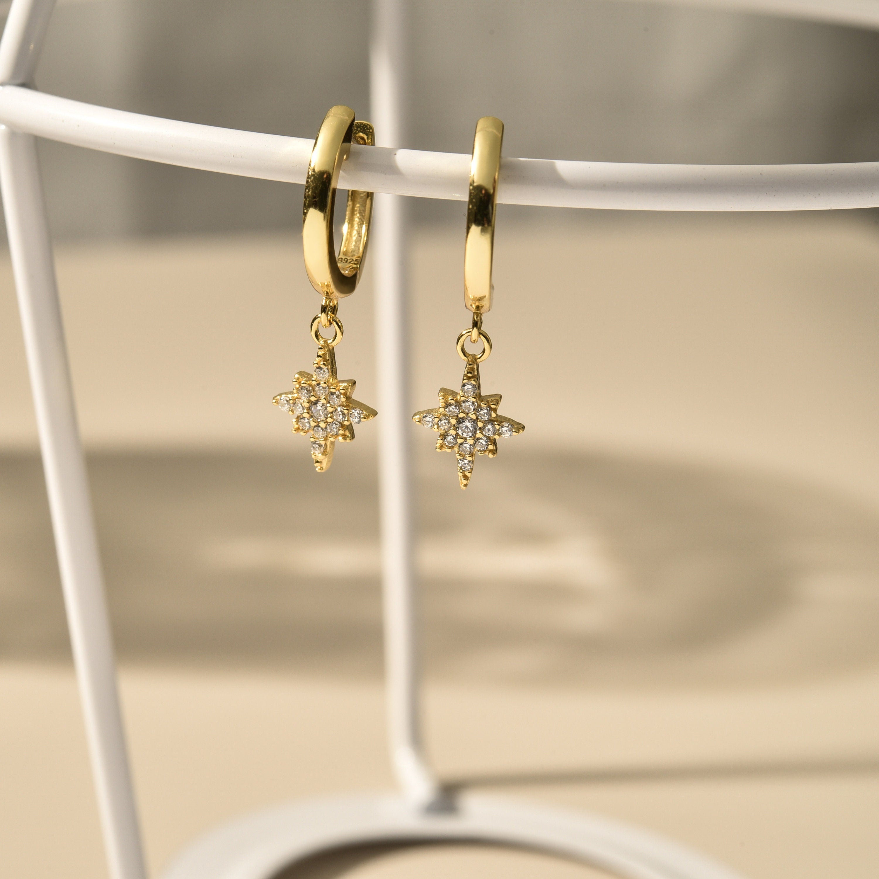 Gold Star Drop Huggie Earrings