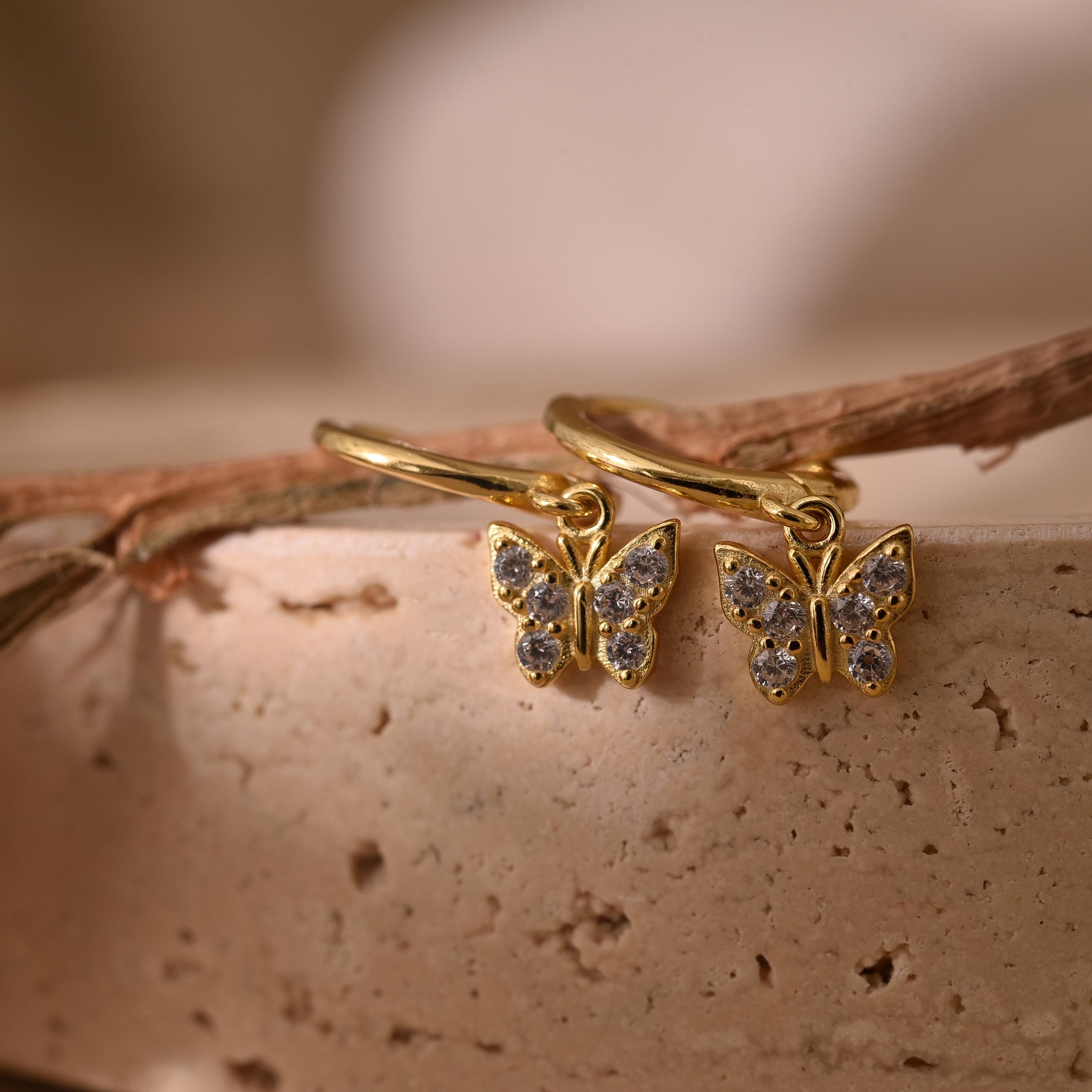 Butterfly Huggies, Butterfly Earrings, Diamond Earrings, Butterfly Charm Hoop Earrings, Wedding Gifts, Best Friend Gift, K0078