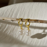 Pearl Gemstone Dangling Earrings, Pearl Hoop Earrings, Gold Earrings, Gifts for Girlfriend, Bridesmaid Gifts, Wedding Gifts, K0082