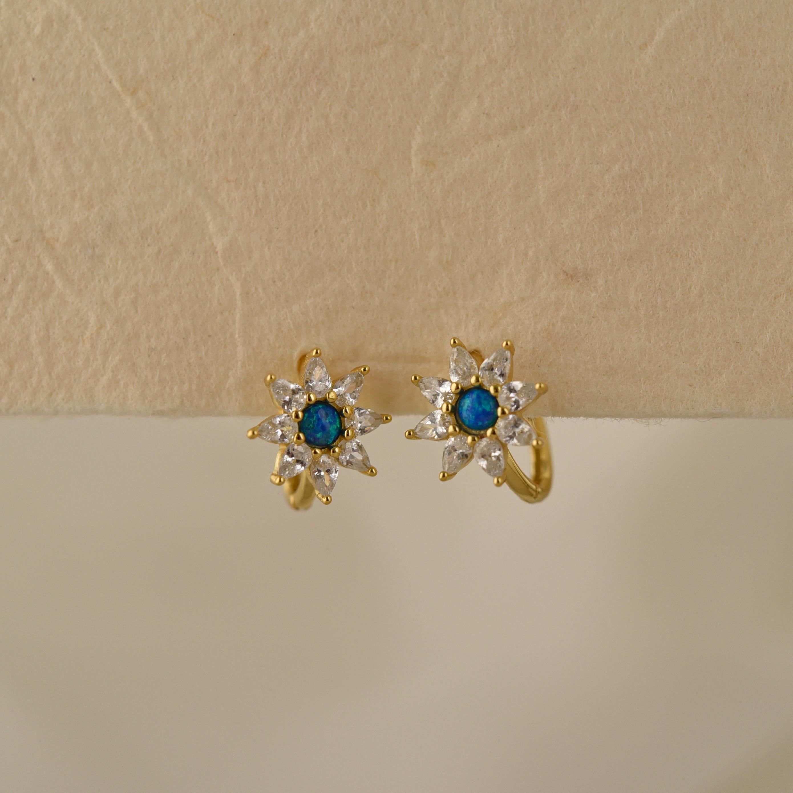 Blue Opal Starburst Hoop Earrings, Huggie Earrings, Dainty Earrings, Minimalist Earrings, Mothers Day Gift, Gift for her, K0084