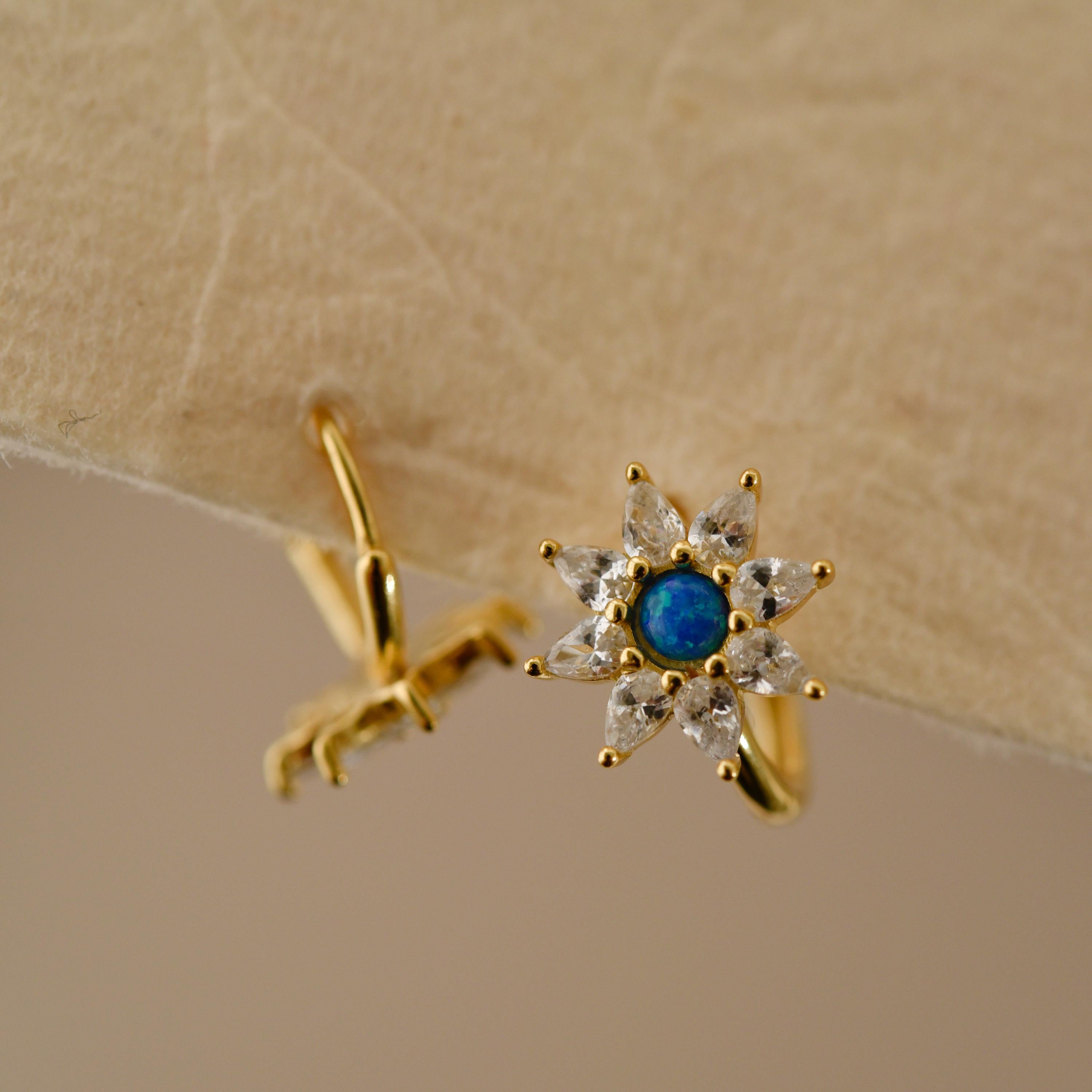 Blue Opal Starburst Hoop Earrings, Huggie Earrings, Dainty Earrings, Minimalist Earrings, Mothers Day Gift, Gift for her, K0084