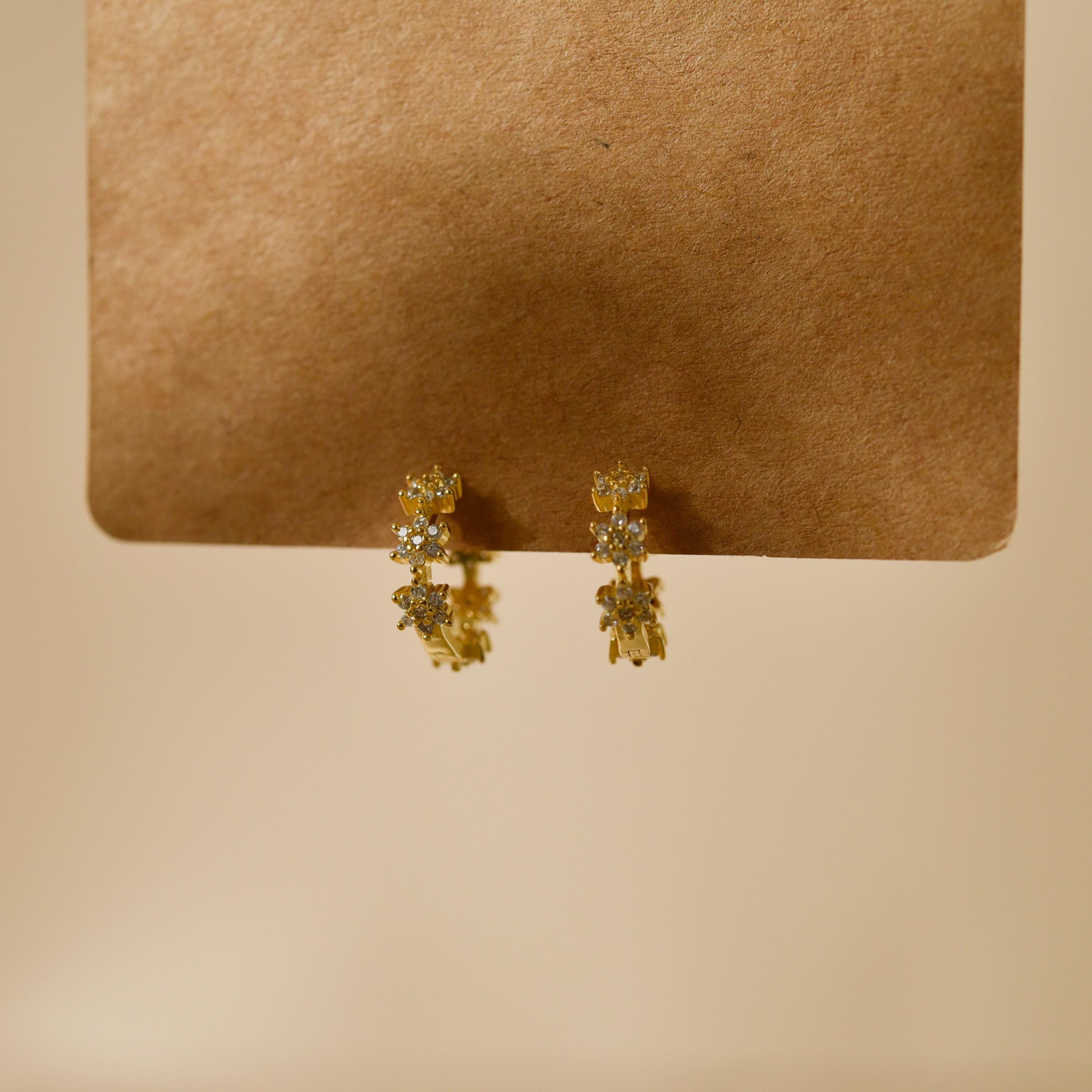 Gold Star Burst Earrings, CZ Cluster Hoops