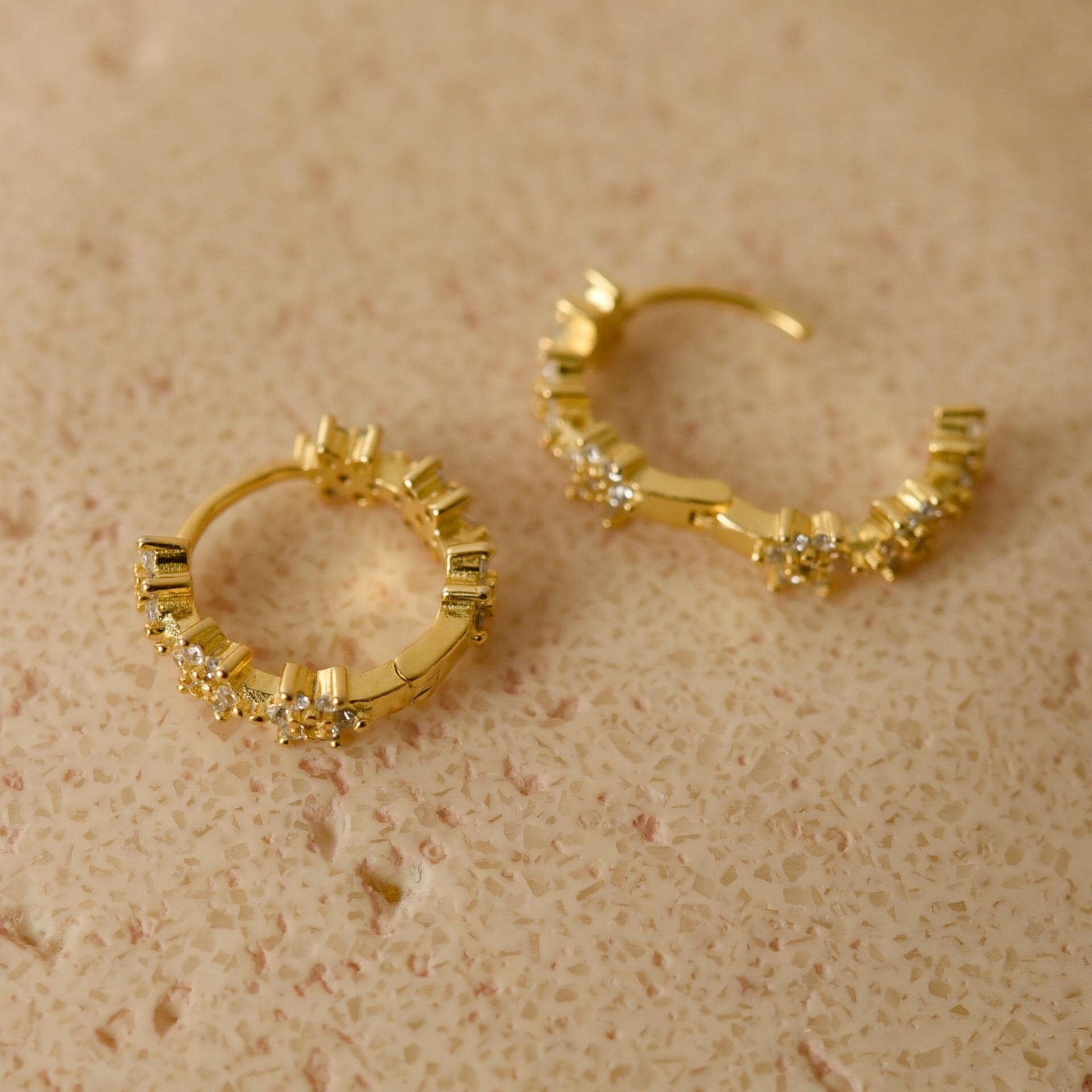 Gold Star Burst Earrings, CZ Cluster Hoops