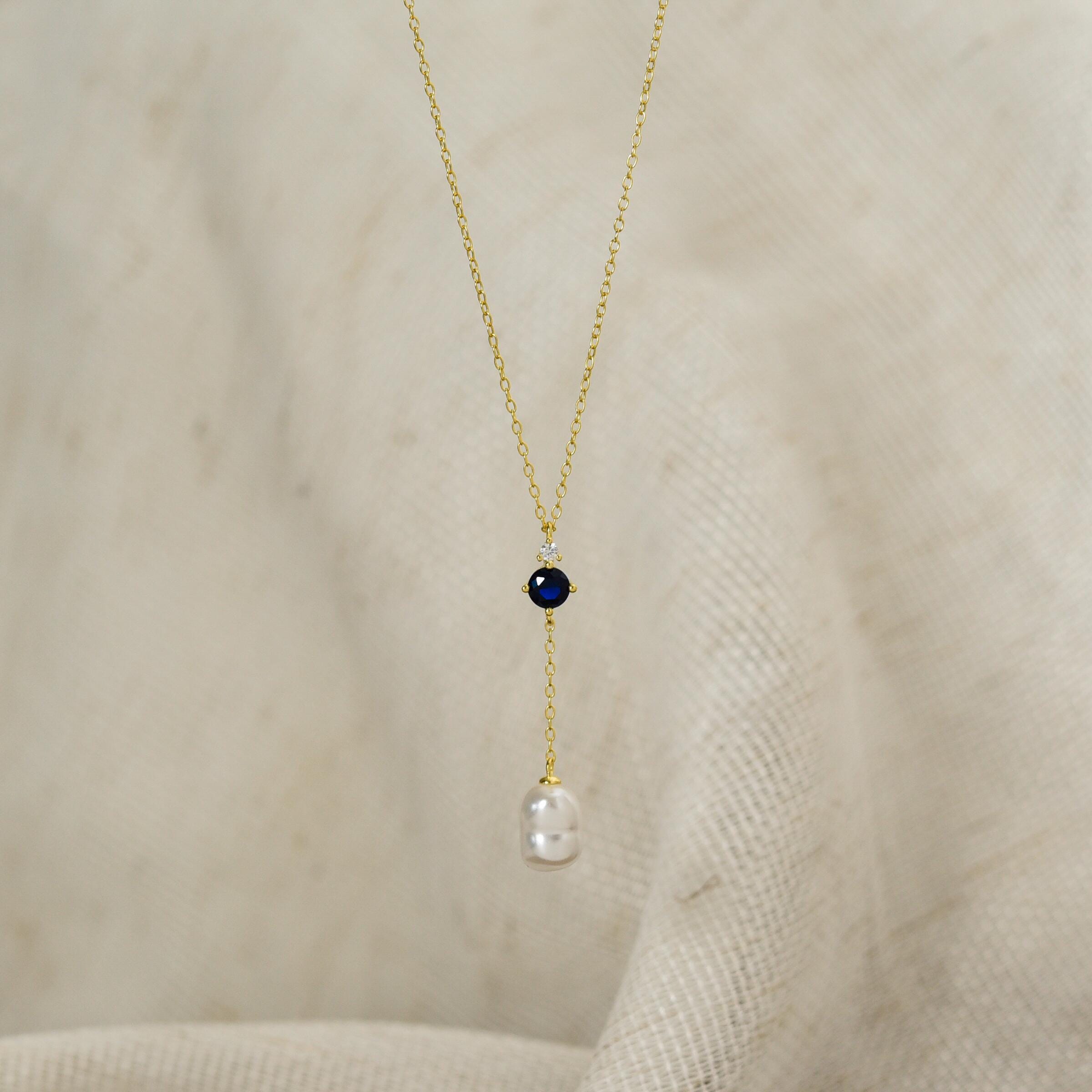 Sapphire Lariat Necklace, Pearl Pendant Necklace, Layering Y Necklace in Sterling Silver, Gifts for Mom, Wedding Gift, Gifts for Her, K0093
