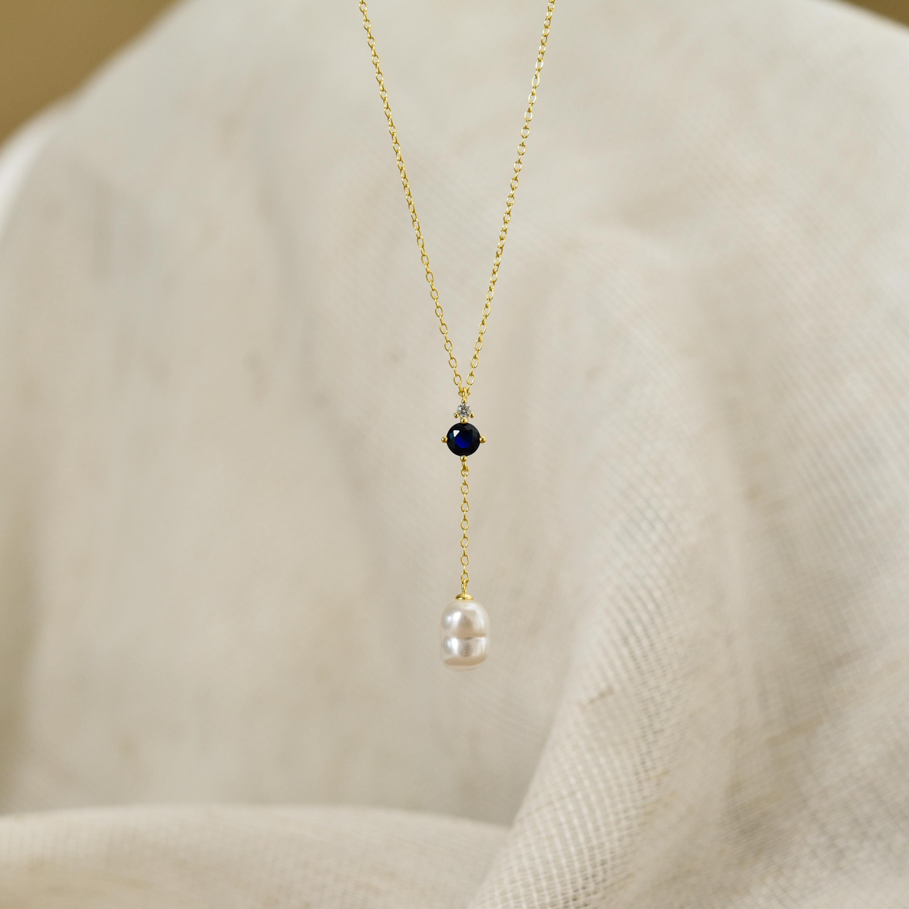Sapphire Lariat Necklace, Pearl Pendant Necklace, Layering Y Necklace in Sterling Silver, Gifts for Mom, Wedding Gift, Gifts for Her, K0093