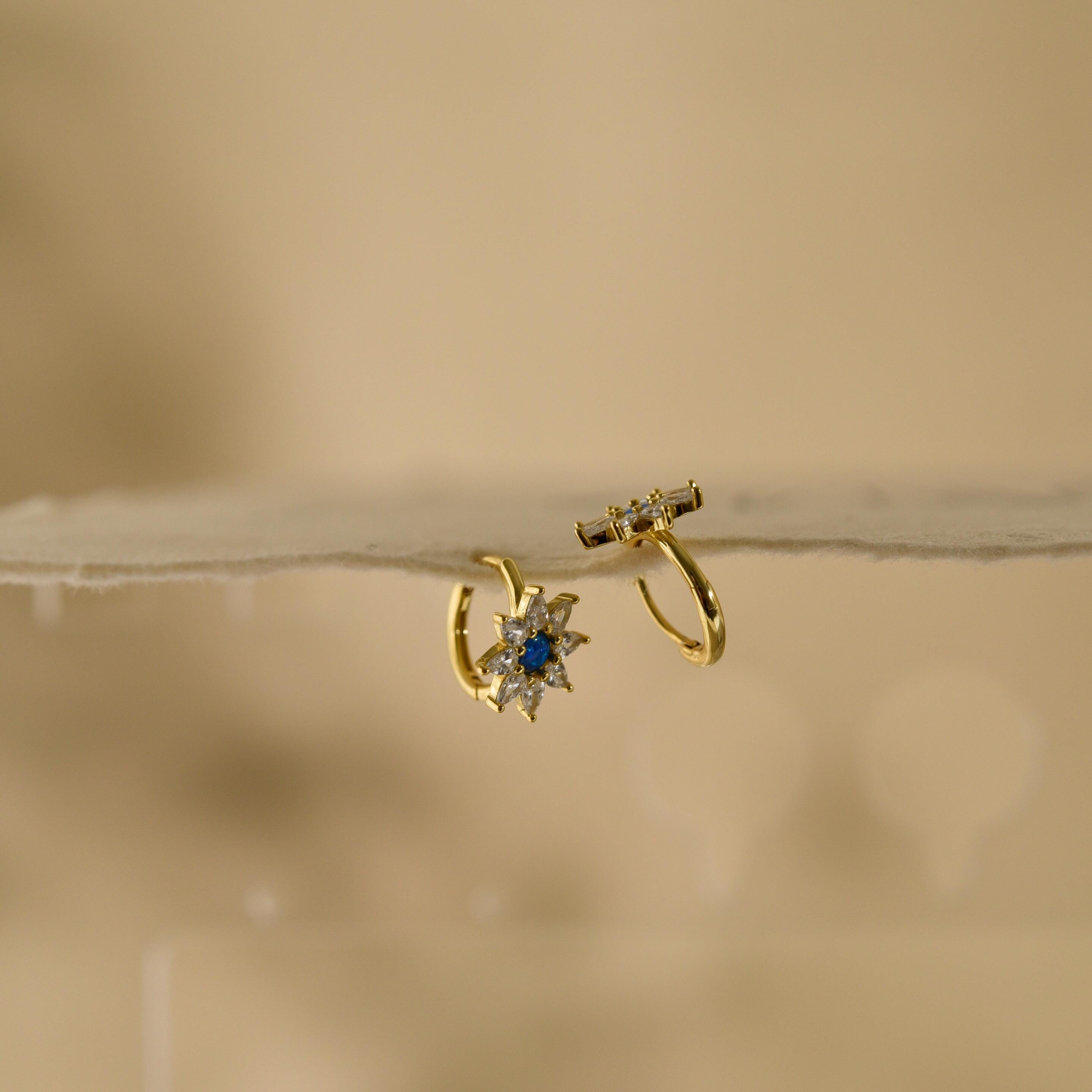 Blue Opal Starburst Hoop Earrings, Huggie Earrings, Dainty Earrings, Minimalist Earrings, Mothers Day Gift, Gift for her, K0084