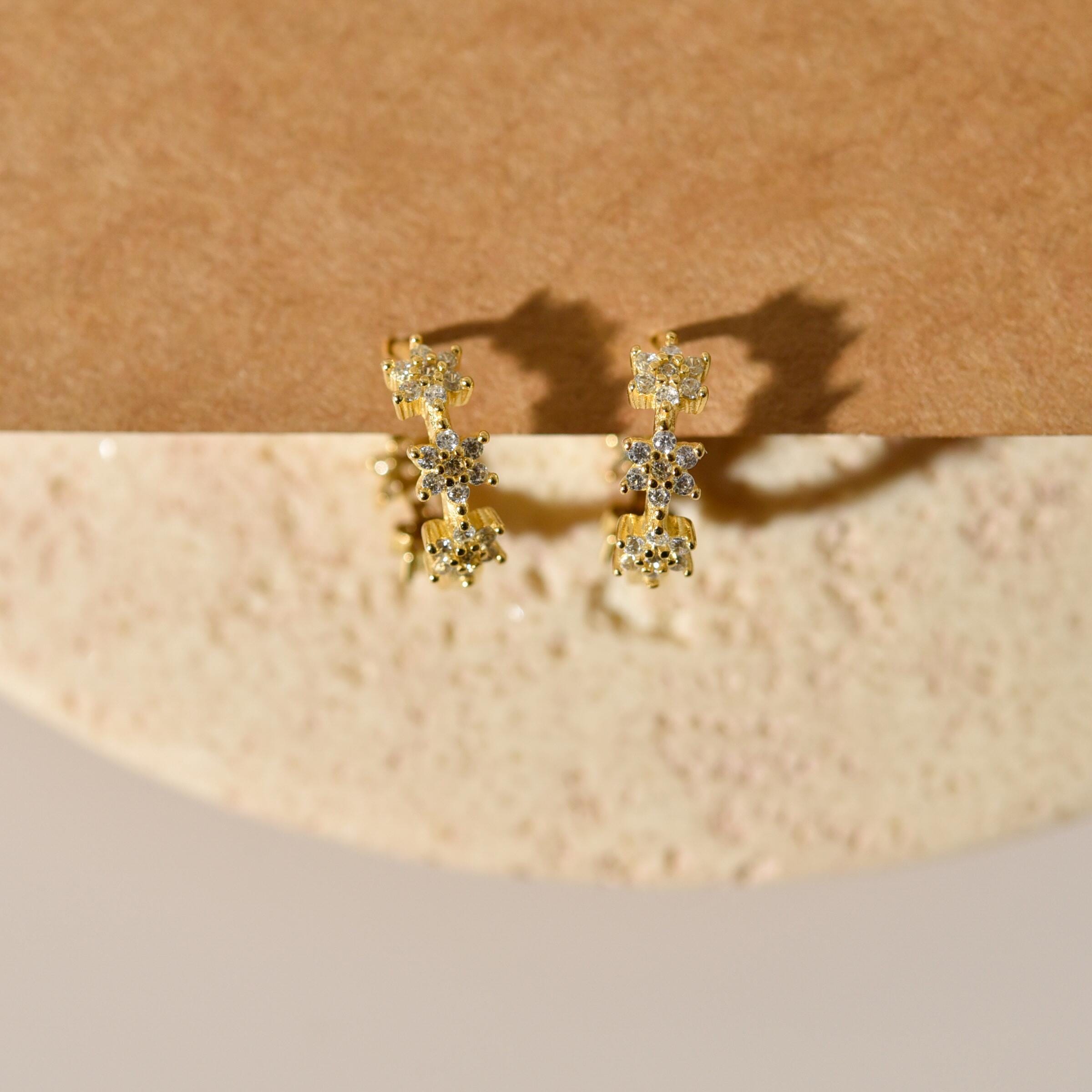 Gold Star Burst Earrings, CZ Cluster Hoops