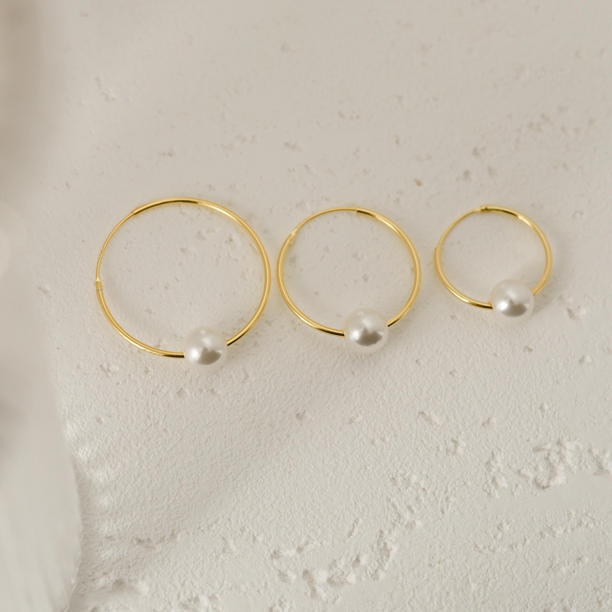 Pearl Hoop Earrings, Gold Hoop Earrings, Sterling Silver Jewelry, Minimalist Jewelry, Wedding Gift, Anniversary Gifts, K0087