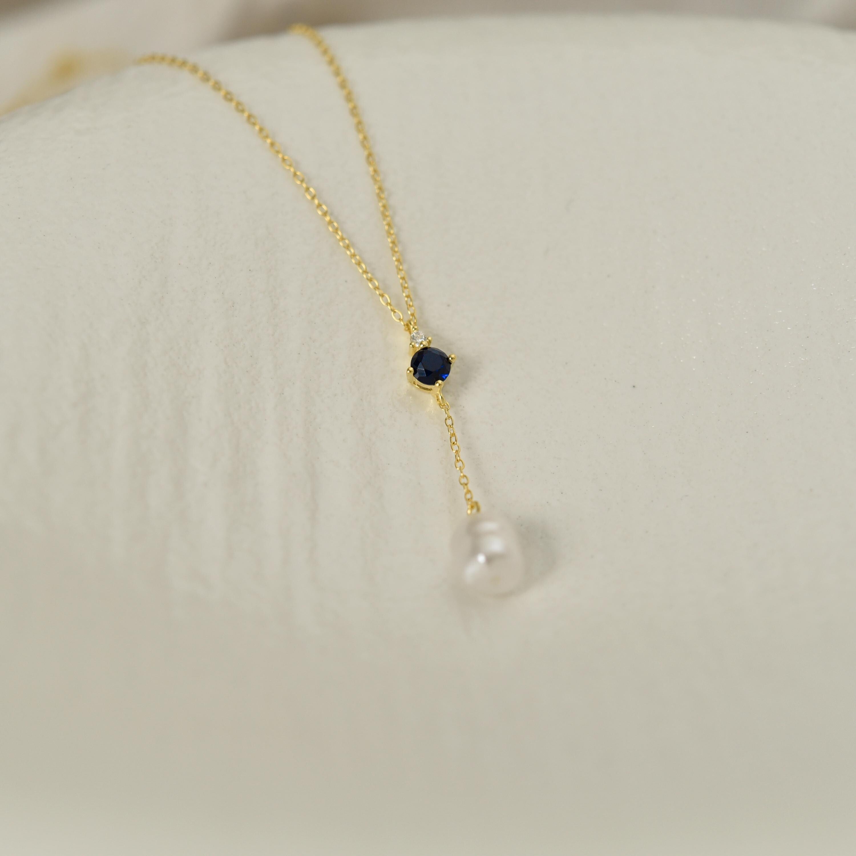 Sapphire Lariat Necklace, Pearl Pendant Necklace, Layering Y Necklace in Sterling Silver, Gifts for Mom, Wedding Gift, Gifts for Her, K0093