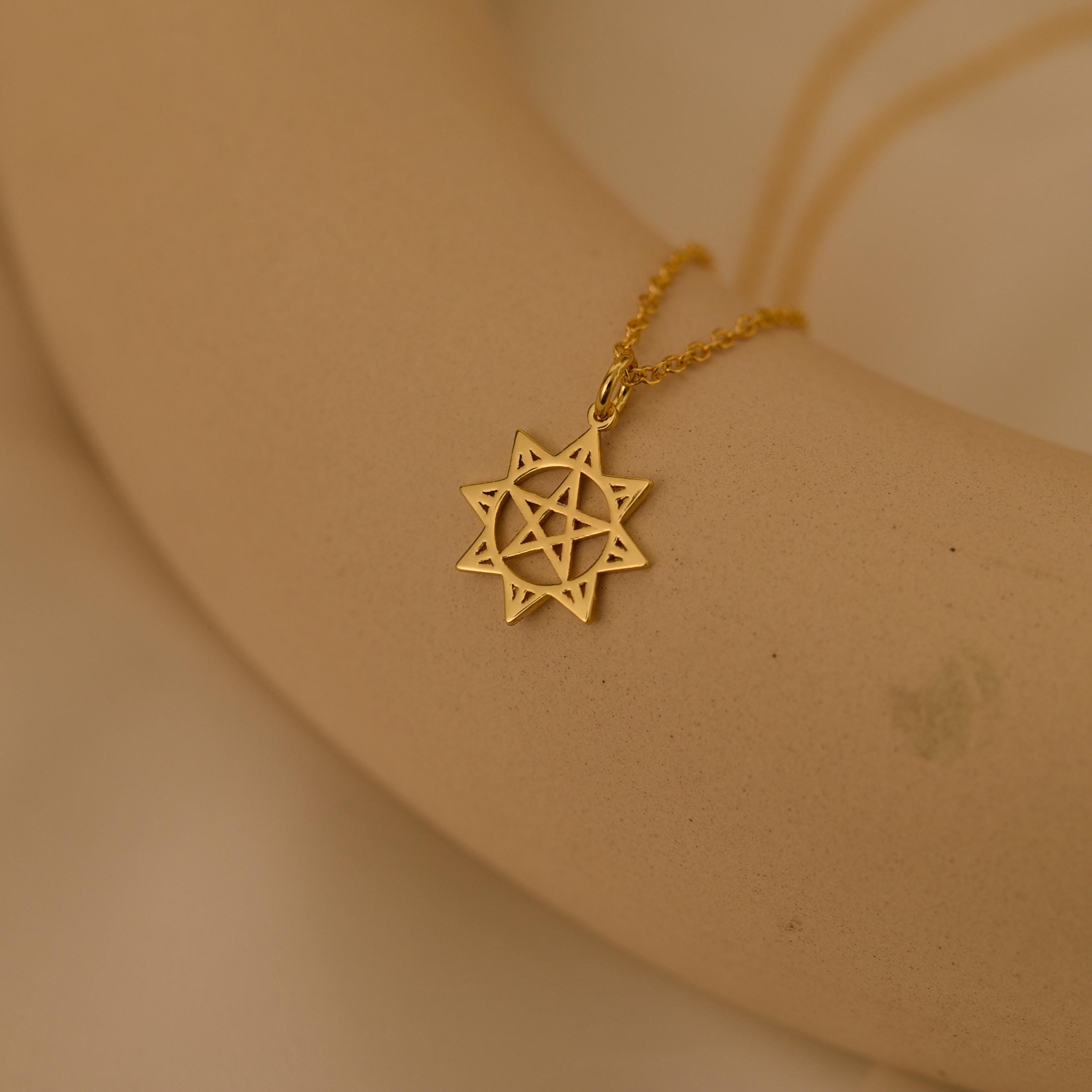 18K Gold Pentagram in Sun Necklace, Wiccan Jewelry, Pagan Pendant, Spiritual Protection Necklace, Occult Gift for Her or Him, GS0135