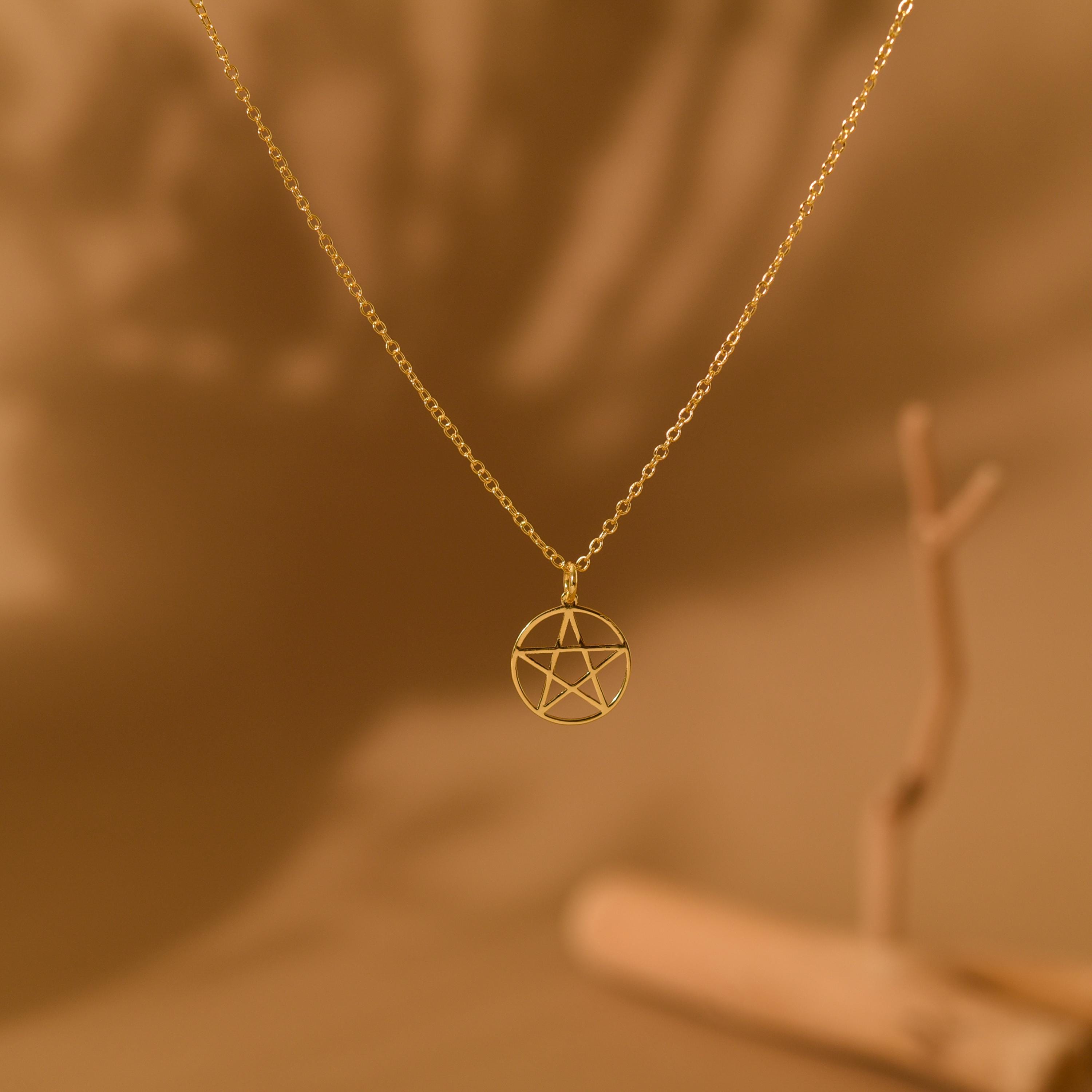 18K Gold Pentagram in Circle Necklace, Wiccan Jewelry, Pagan Pendant, Spiritual Necklace, Occult Gift for Her or Him, GS0134