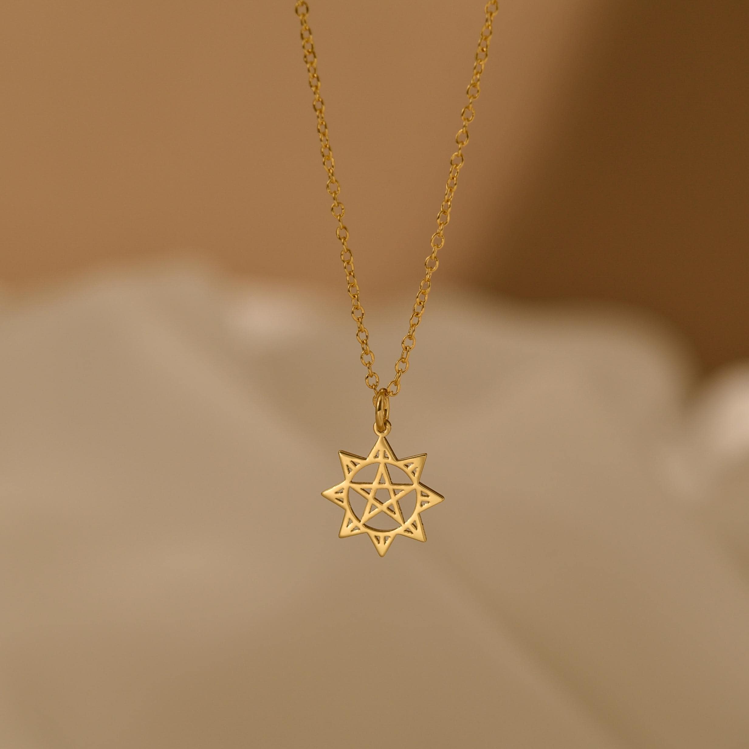 18K Gold Pentagram in Sun Necklace, Wiccan Jewelry, Pagan Pendant, Spiritual Protection Necklace, Occult Gift for Her or Him, GS0135