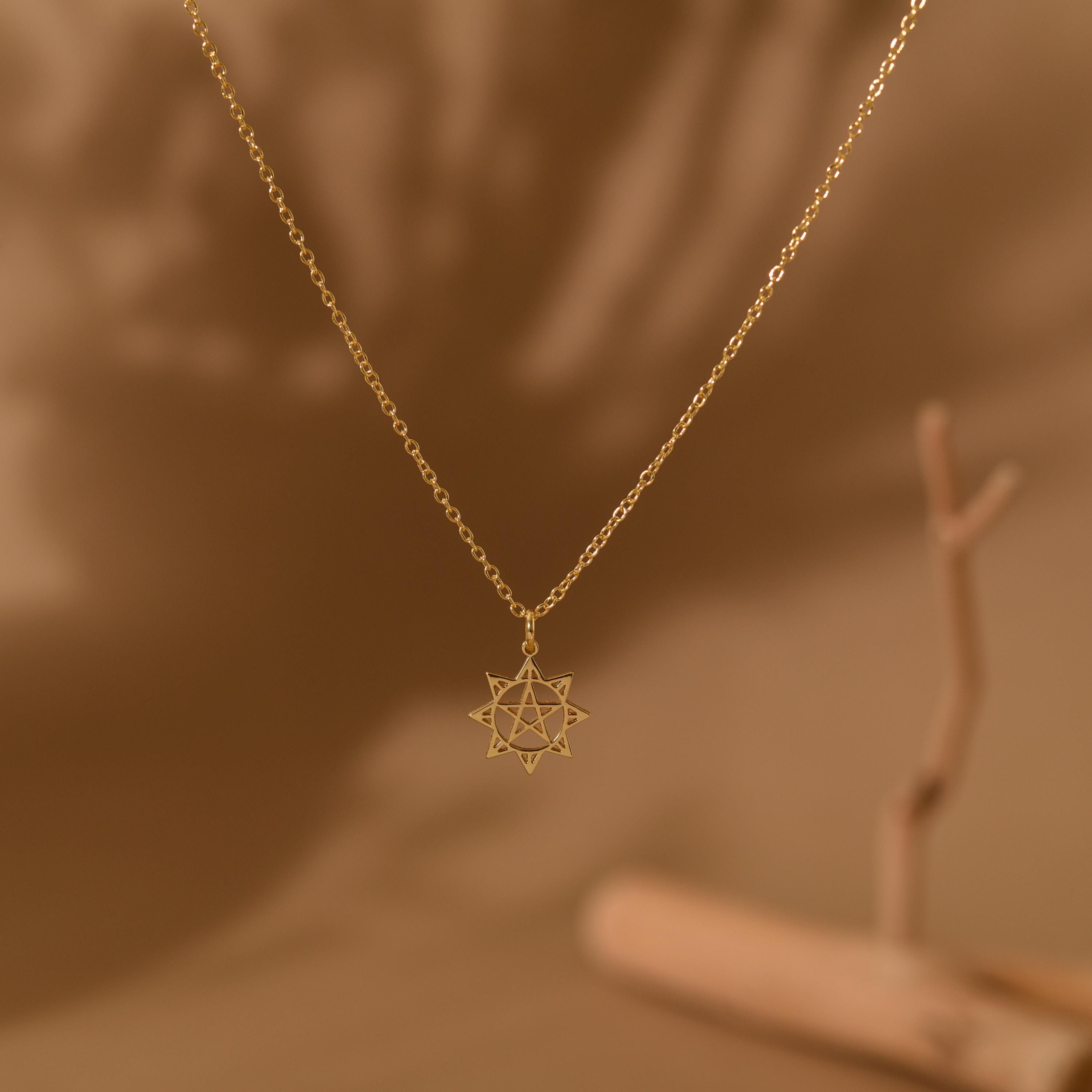 18K Gold Pentagram in Sun Necklace, Wiccan Jewelry, Pagan Pendant, Spiritual Protection Necklace, Occult Gift for Her or Him, GS0135