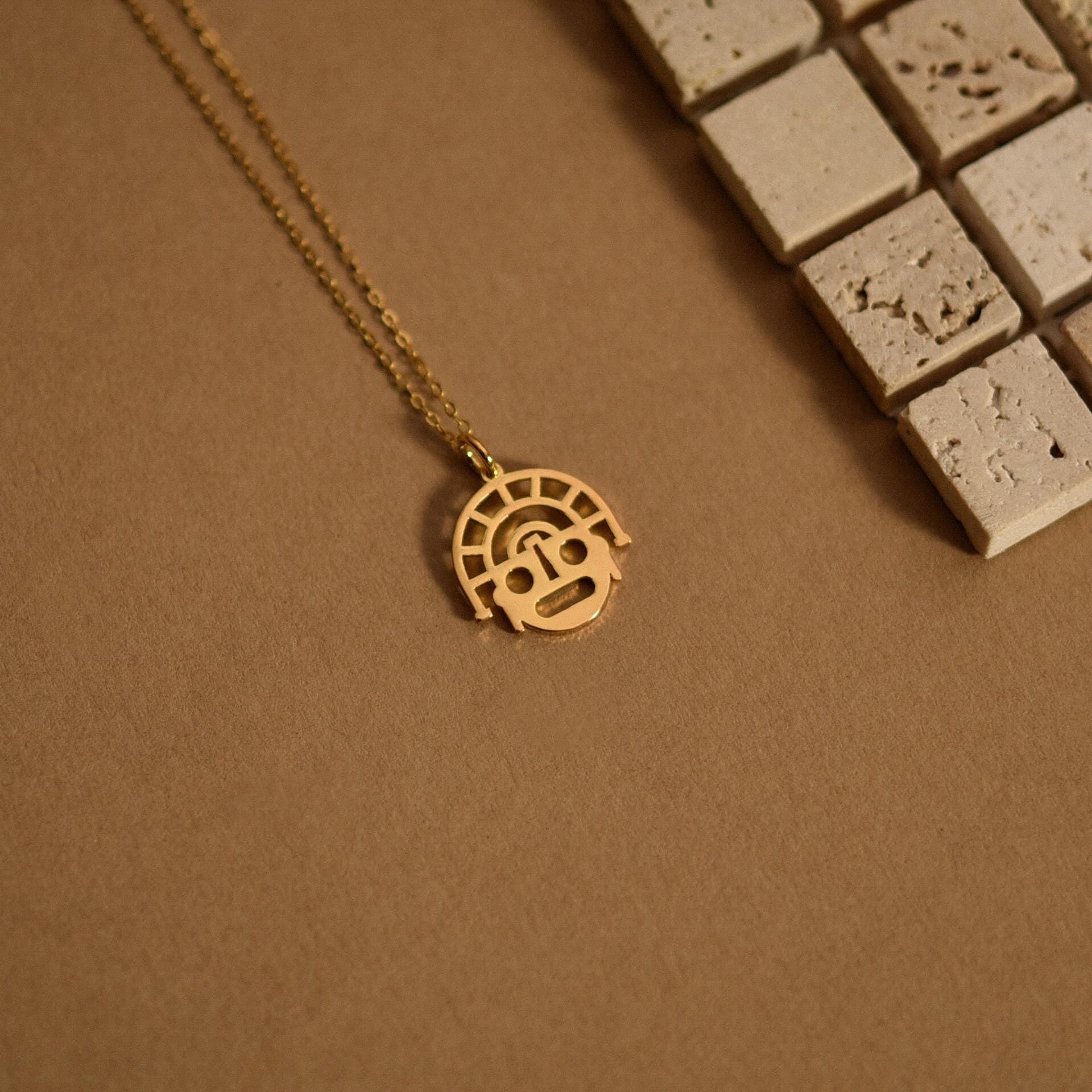 18K Gold Peru Inca Face Necklace, Aztec Symbols, Ancient Culture Jewelry, Spiritual Pendant, Unique Gift for Her, GS0144