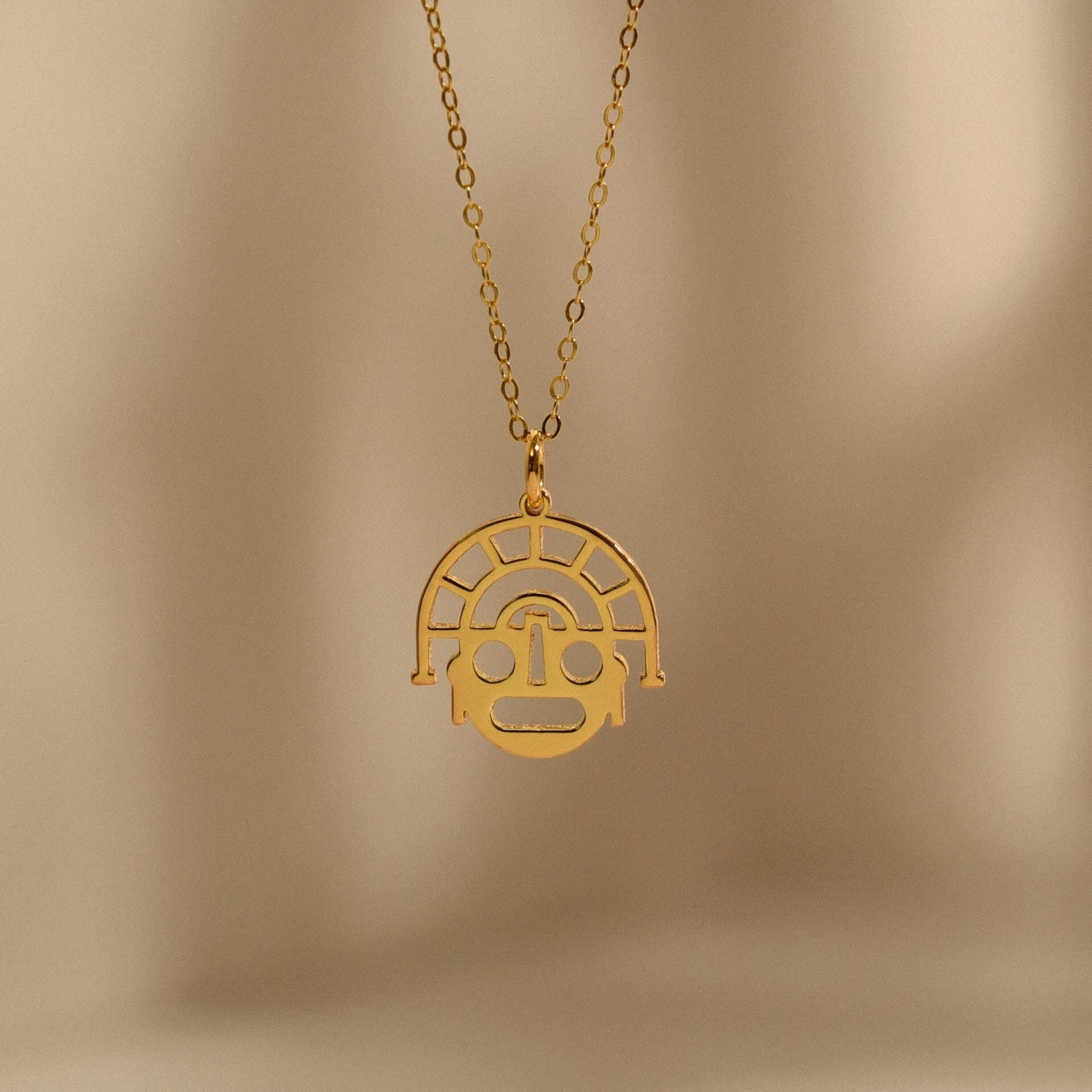 18K Gold Peru Inca Face Necklace, Aztec Symbols, Ancient Culture Jewelry, Spiritual Pendant, Unique Gift for Her, GS0144
