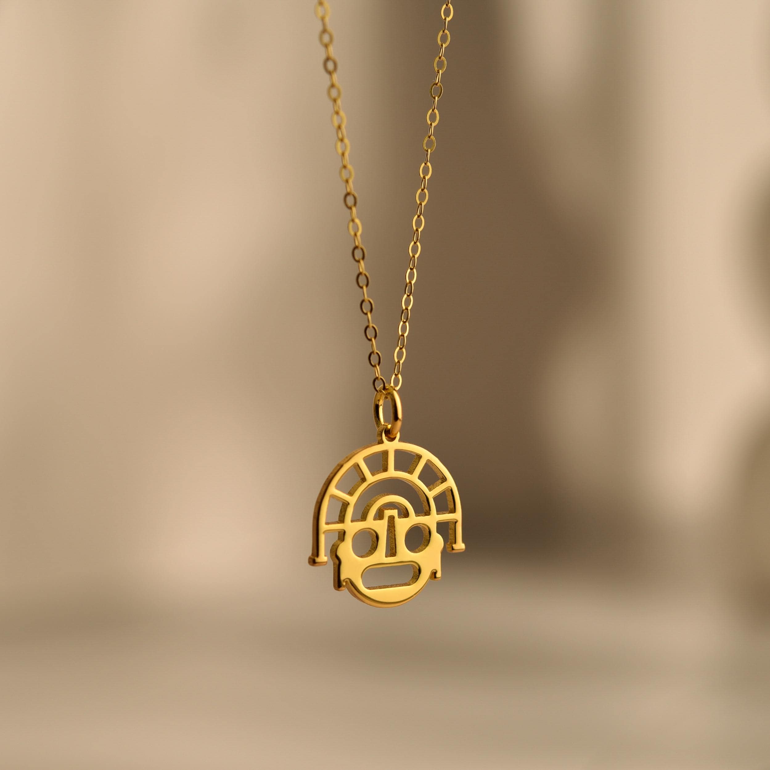 18K Gold Peru Inca Face Necklace, Aztec Symbols, Ancient Culture Jewelry, Spiritual Pendant, Unique Gift for Her, GS0144
