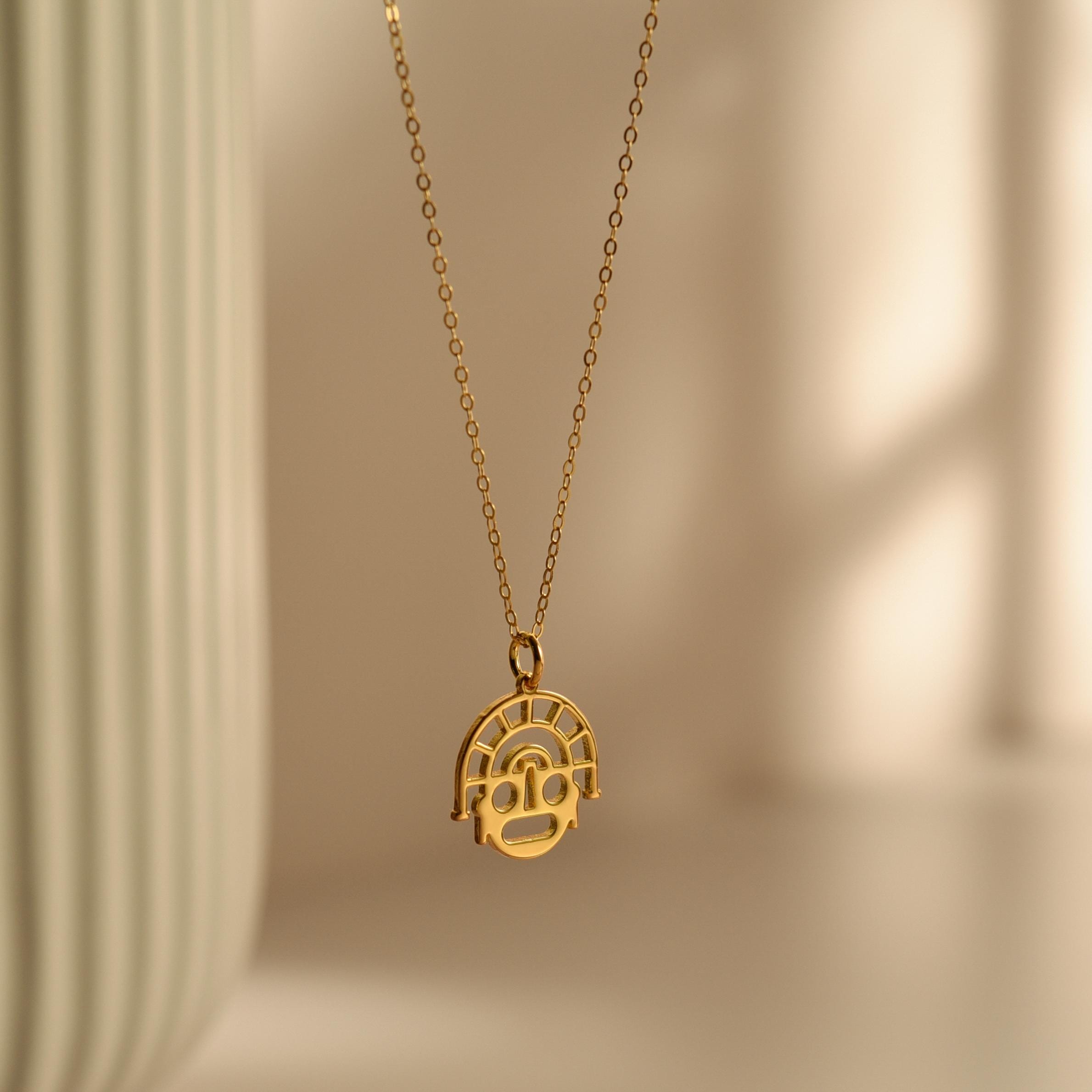 18K Gold Peru Inca Face Necklace, Aztec Symbols, Ancient Culture Jewelry, Spiritual Pendant, Unique Gift for Her, GS0144