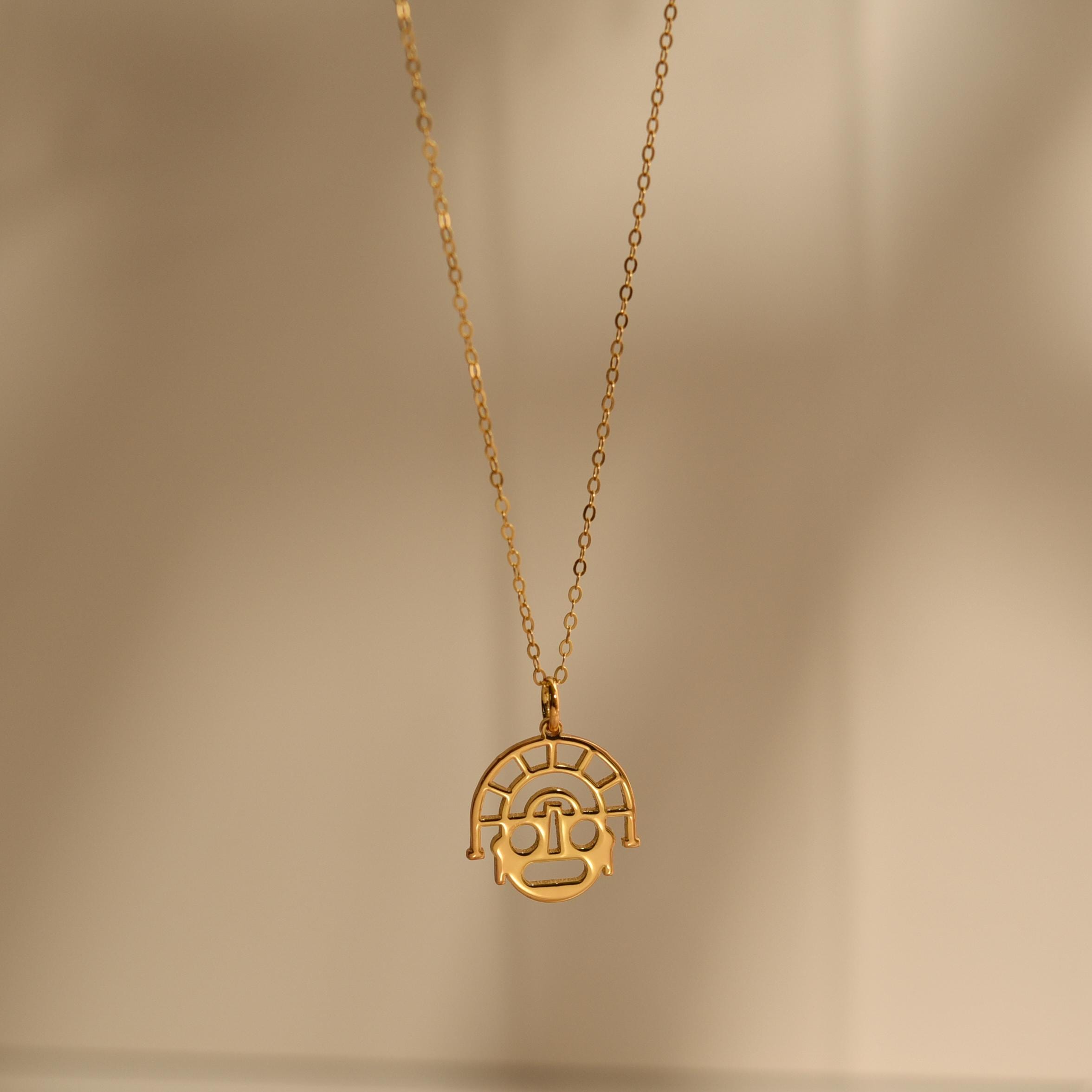 18K Gold Peru Inca Face Necklace, Aztec Symbols, Ancient Culture Jewelry, Spiritual Pendant, Unique Gift for Her, GS0144