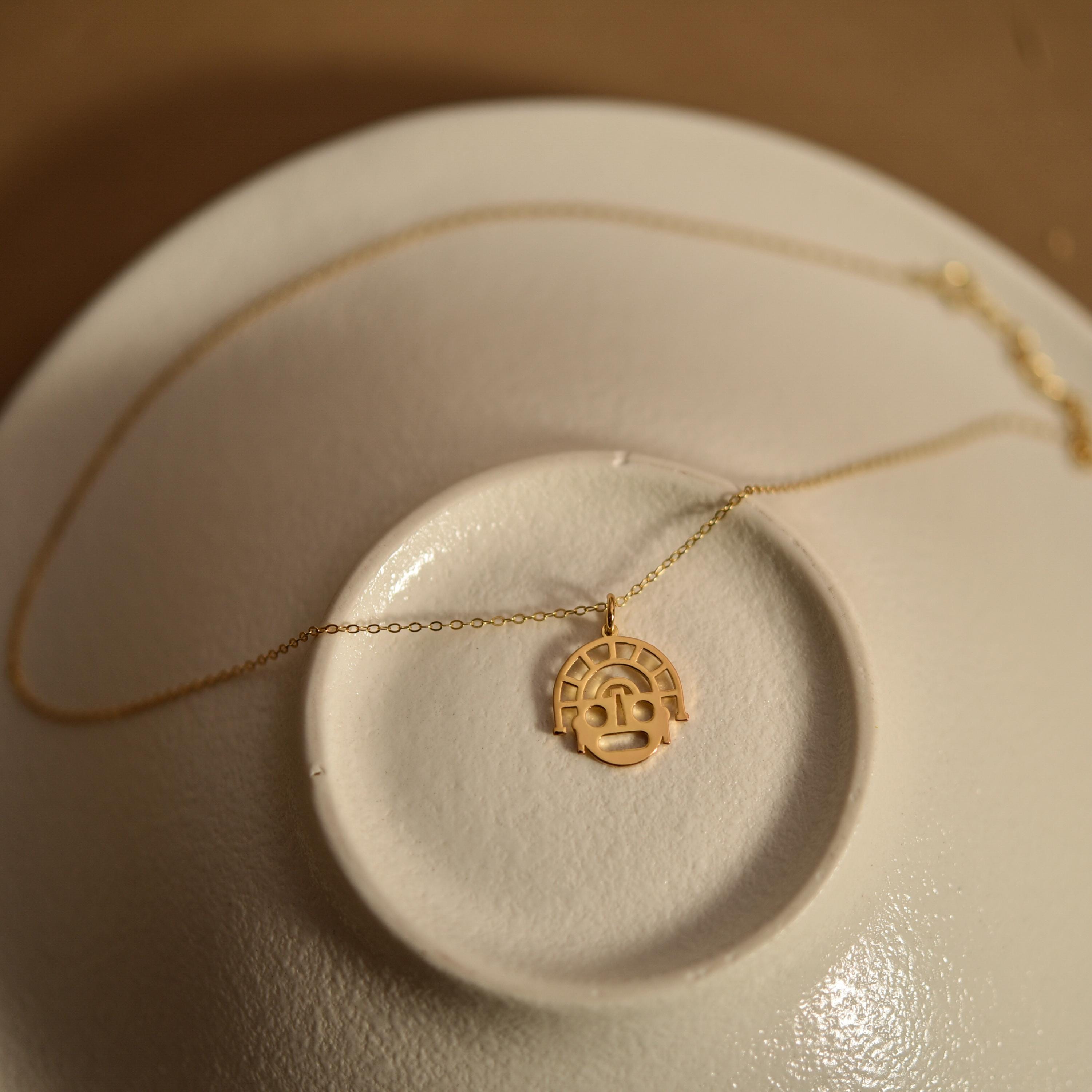 18K Gold Peru Inca Face Necklace, Aztec Symbols, Ancient Culture Jewelry, Spiritual Pendant, Unique Gift for Her, GS0144