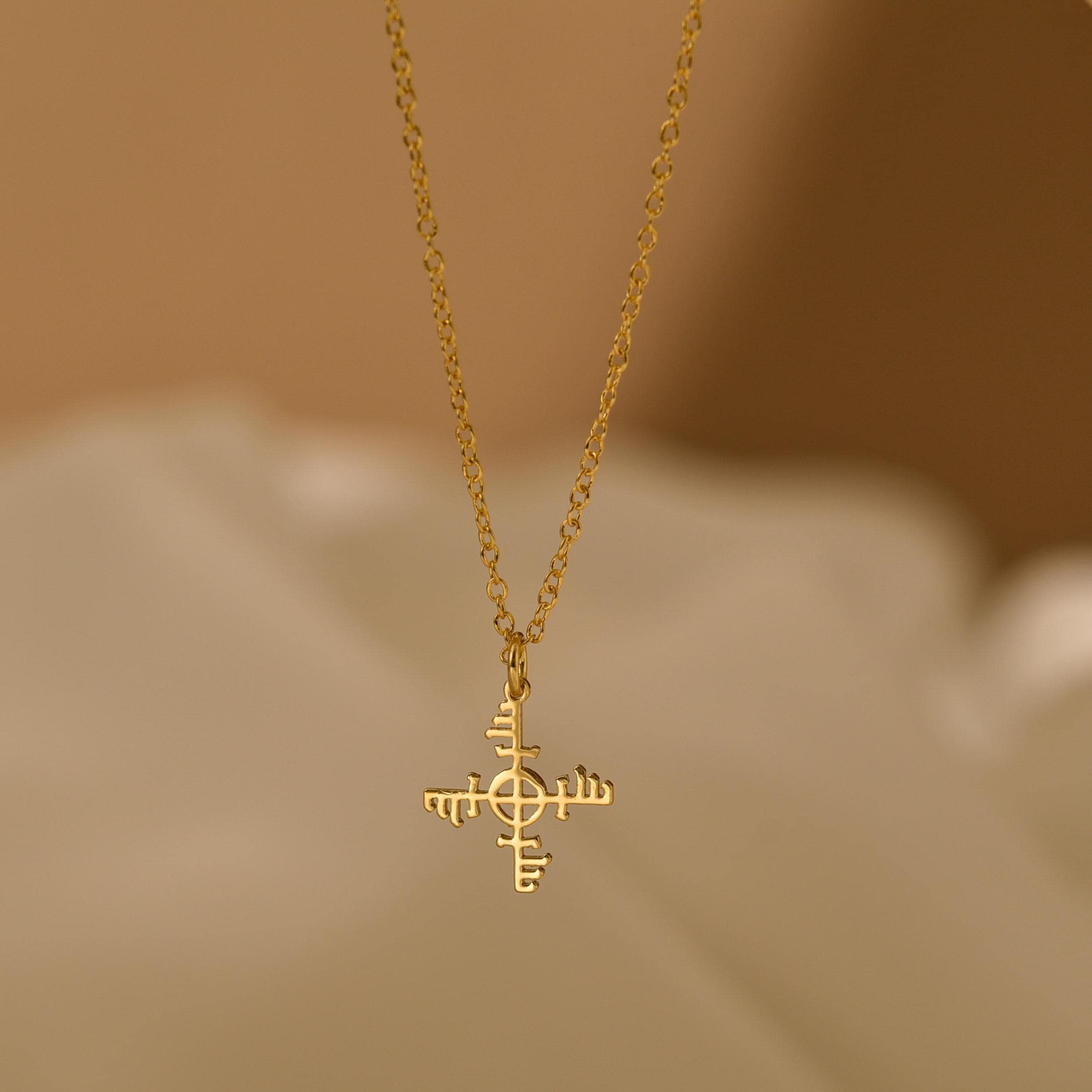 18K Gold Ginfaxi Icelandic Stave Necklace, Magic Symbol Pendant, Spiritual Jewelry, Viking Necklace, Unique Gift for Her, Gold Rune Necklace