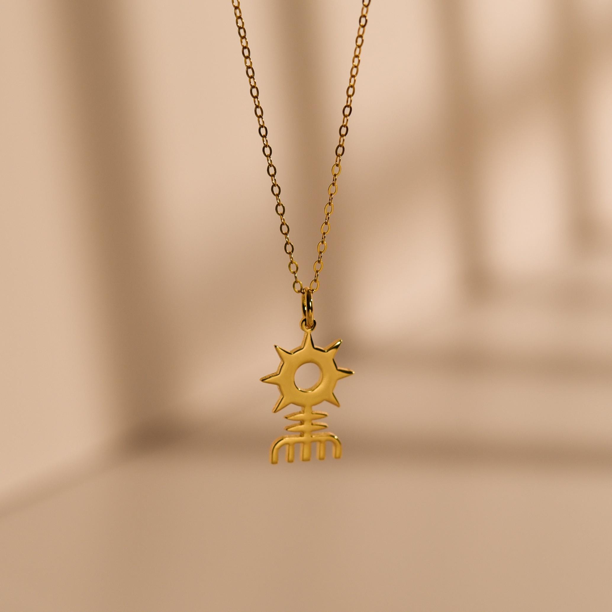 Aztec Sun Symbol Necklace, Cultural Motif Pendant, 18K Gold Plated on Sterling Silver, GS0269