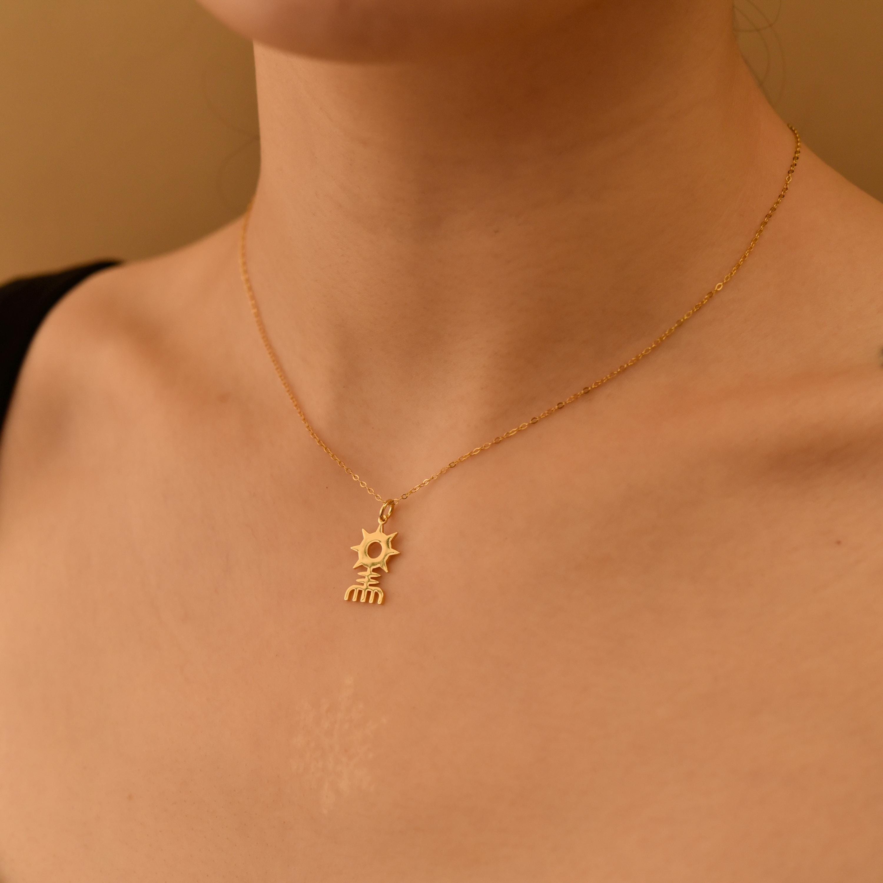 Aztec Sun Symbol Necklace, Cultural Motif Pendant, 18K Gold Plated on Sterling Silver, GS0269